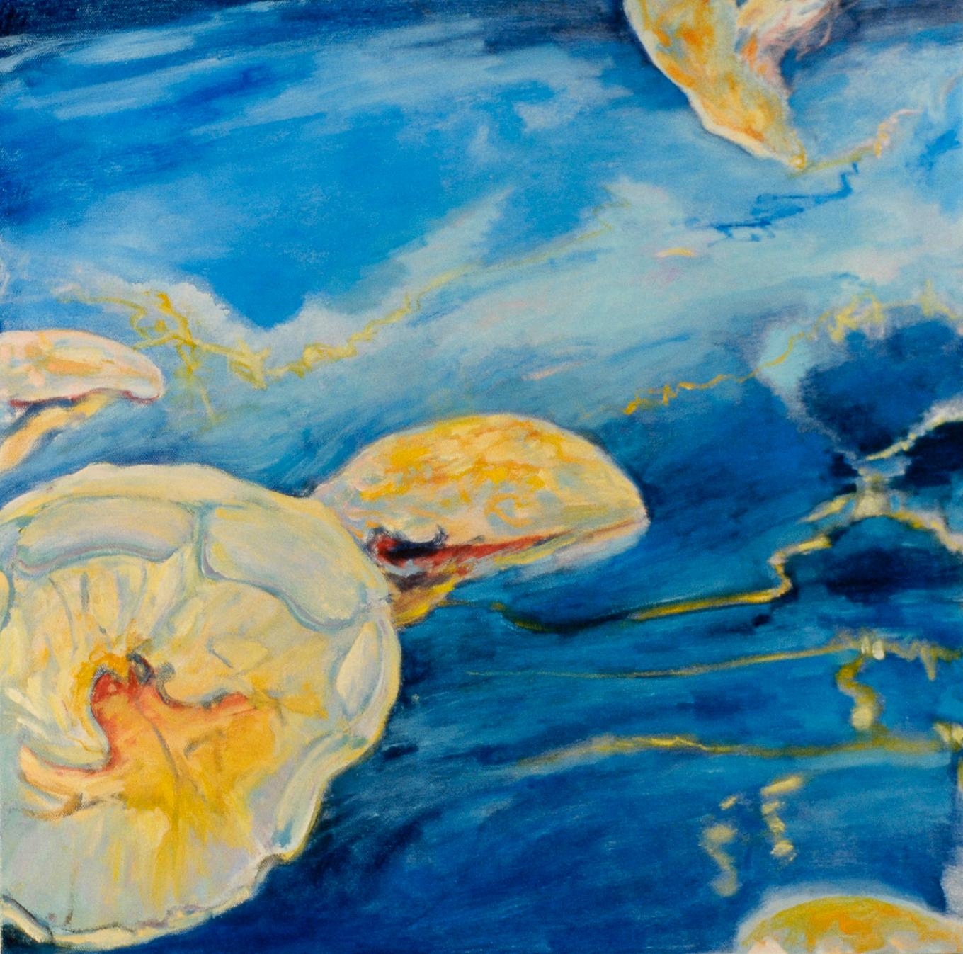 Lantern Fish, Oil/Canvas, Light and Shadow, Underwater Landscape, Texas Artist - Painting by Ellen Hart