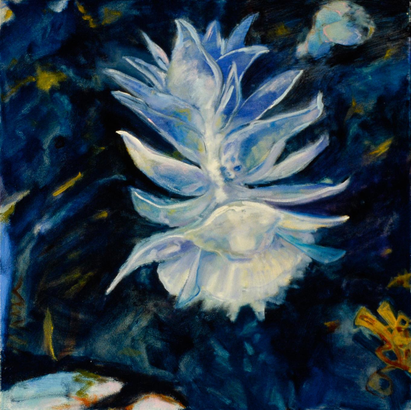 Landscape Painting Ellen Hart - Lanterne poisson, huile/toile, lumière et ombre, paysage sous-marin, artiste texan