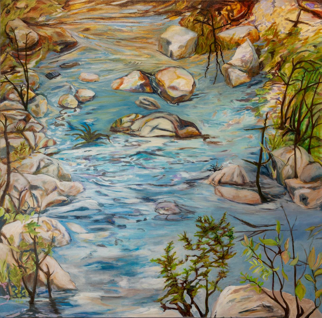 Ellen Hart Landscape Painting – Meditation auf einer Schnur 48" x 48" Bayou Reflections Serie Wasser