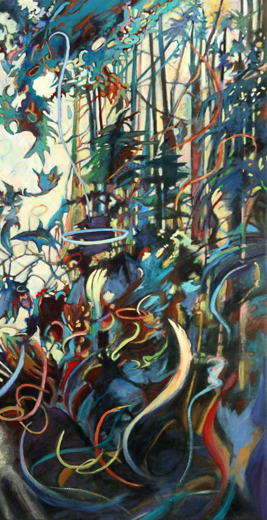  Meeting the Shade (Rencontre avec l'abat-jour), peinture à l'huile et acrylique, expressionnisme abstrait  Femmes dans l'art - Noir Landscape Painting par Ellen Hart