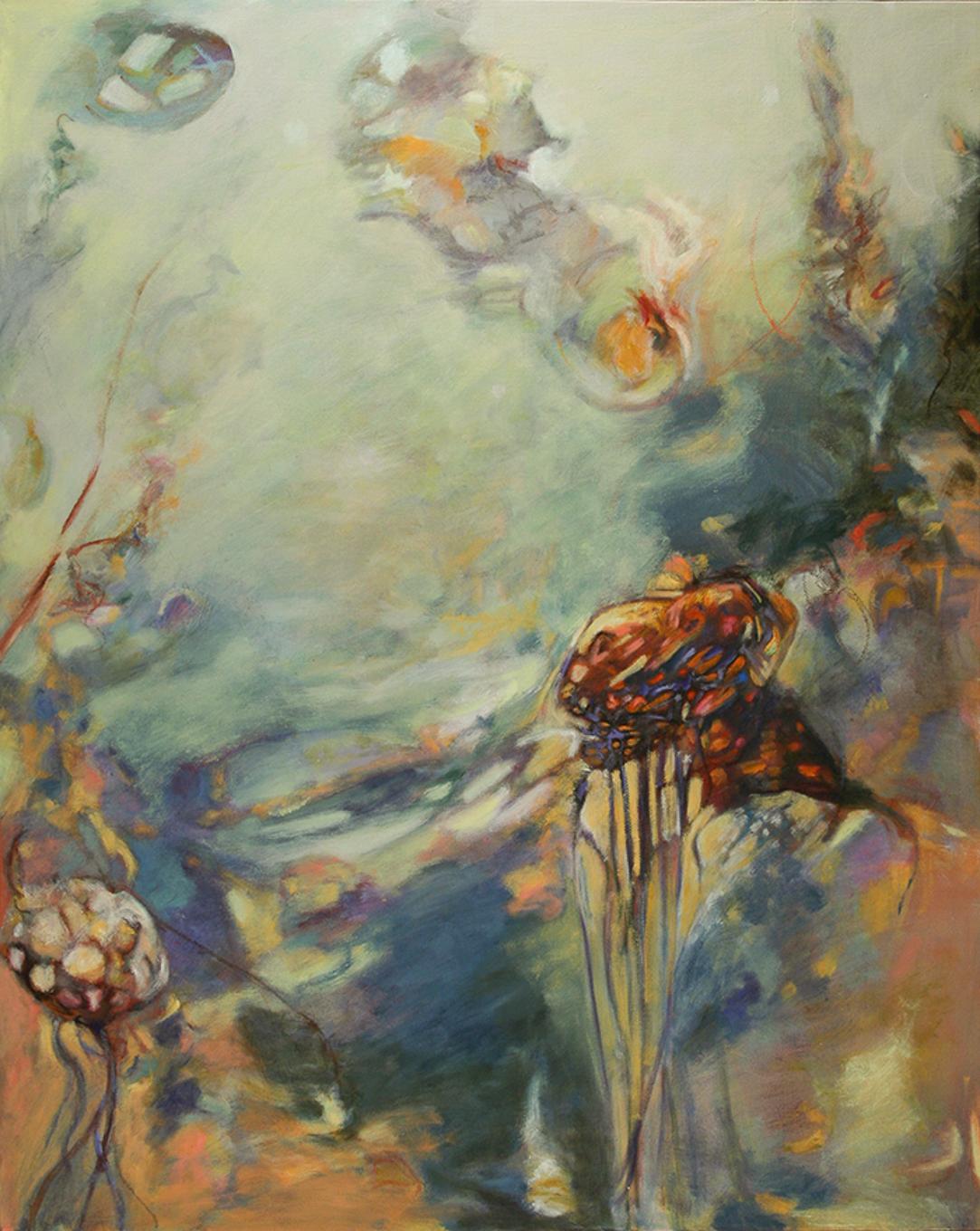 The Source, Oil/Canvas, Light & Shadow,  Abstract, - Brown Abstract Painting by Ellen Hart