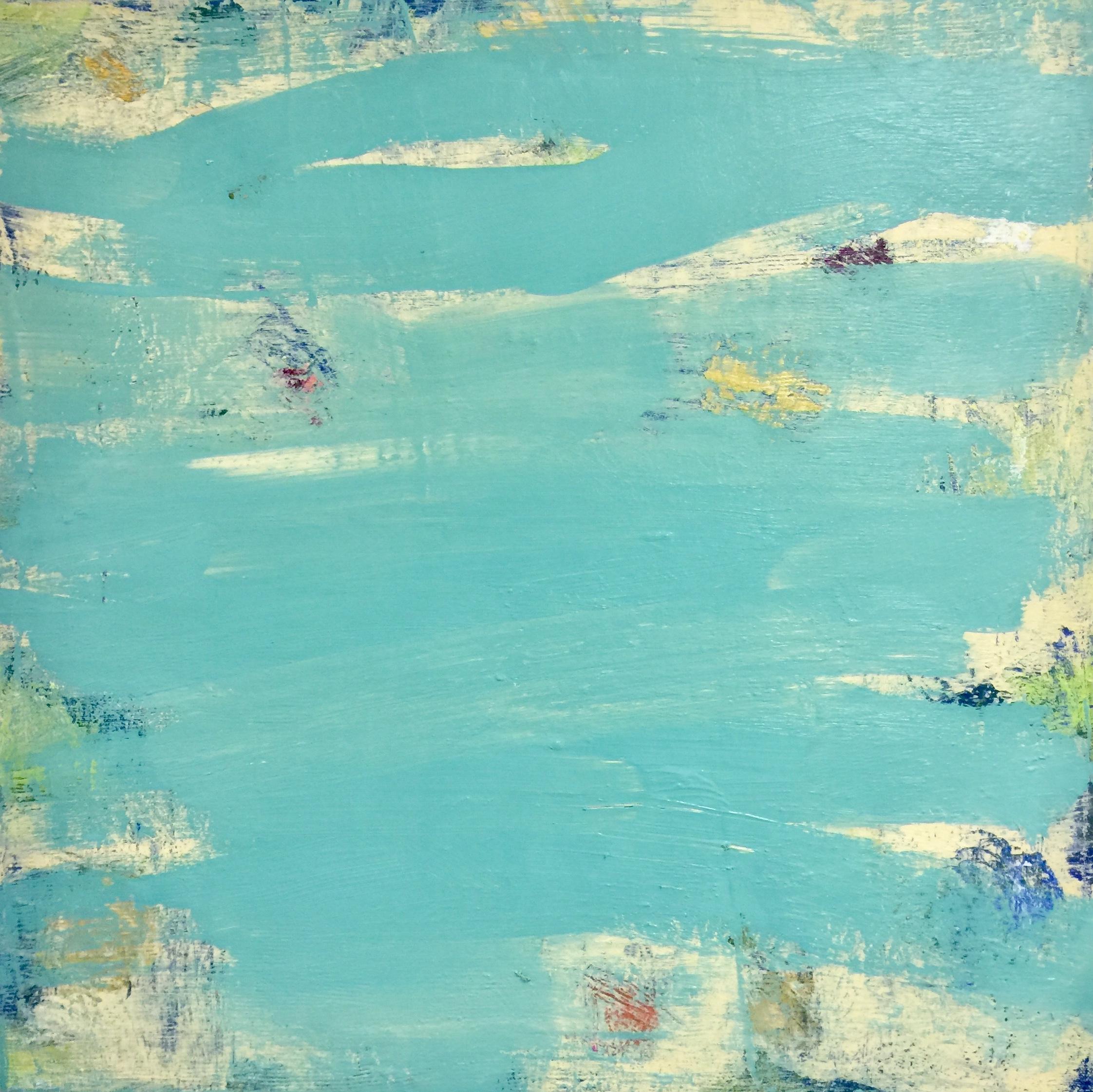 Ellen Hermanos Abstract Painting - Aqua Awash, teal abstract mixed media painting on canvas