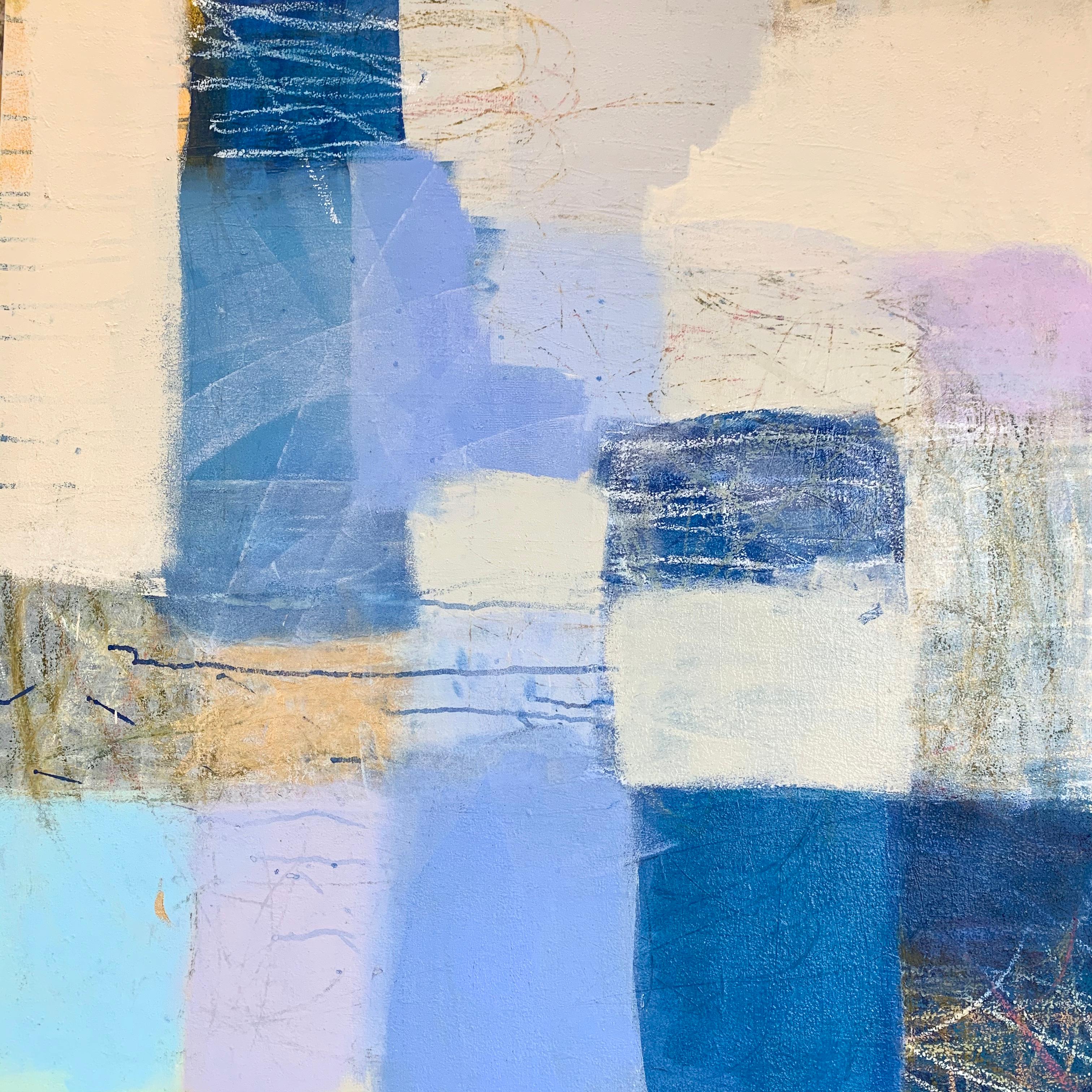 Ellen Hermanos Abstract Painting - Daybreak, geometric abstract painting on canvas, shades of blue, beige