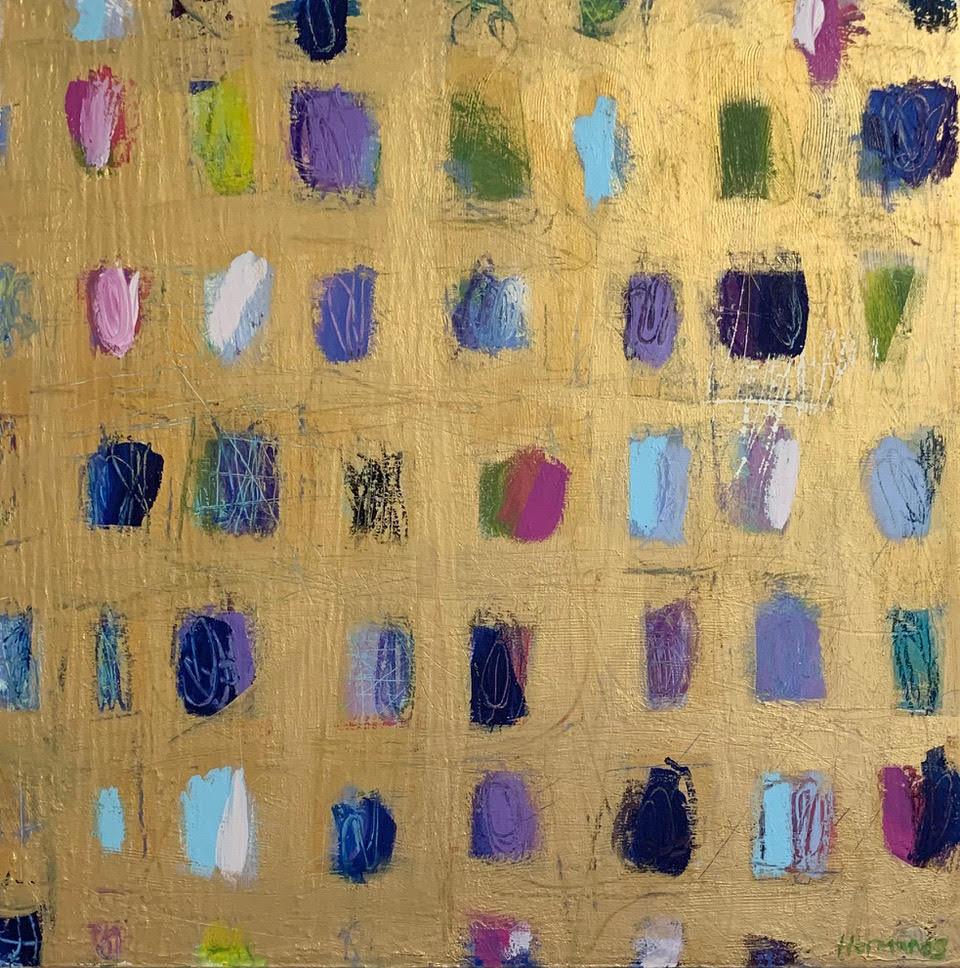Golden Windows 1, abstract gold painting with pastel colors - Painting by Ellen Hermanos