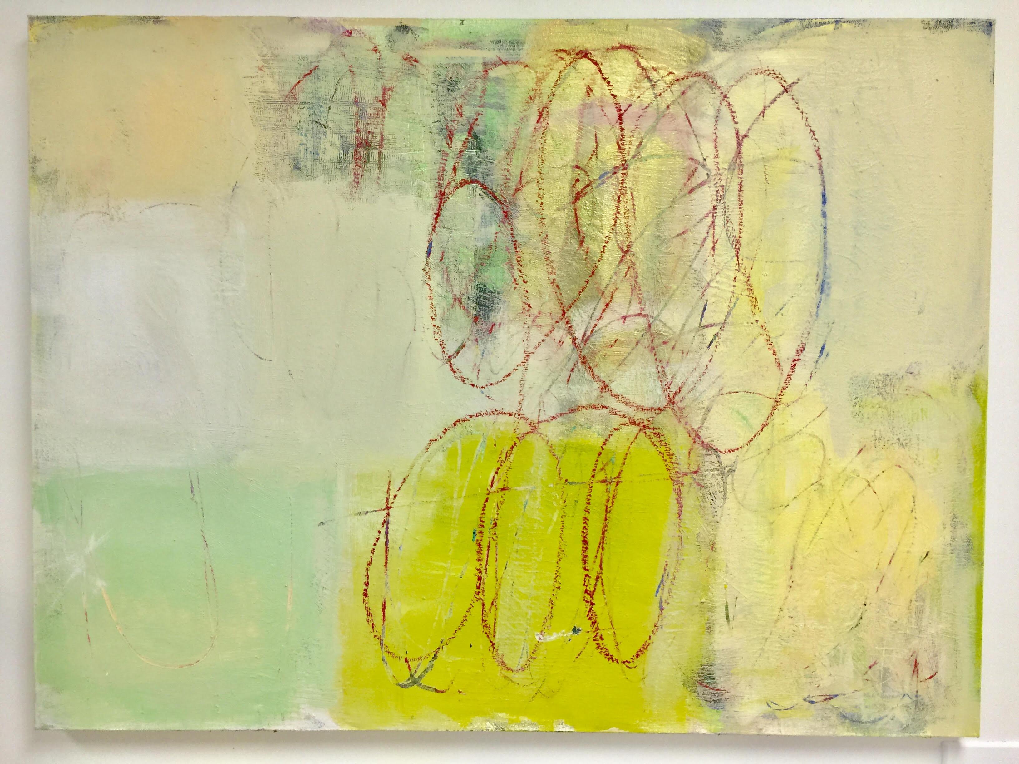 Ellen Hermanos Abstract Painting - Jade Variations, bright green and yellow abstract painting on canvas