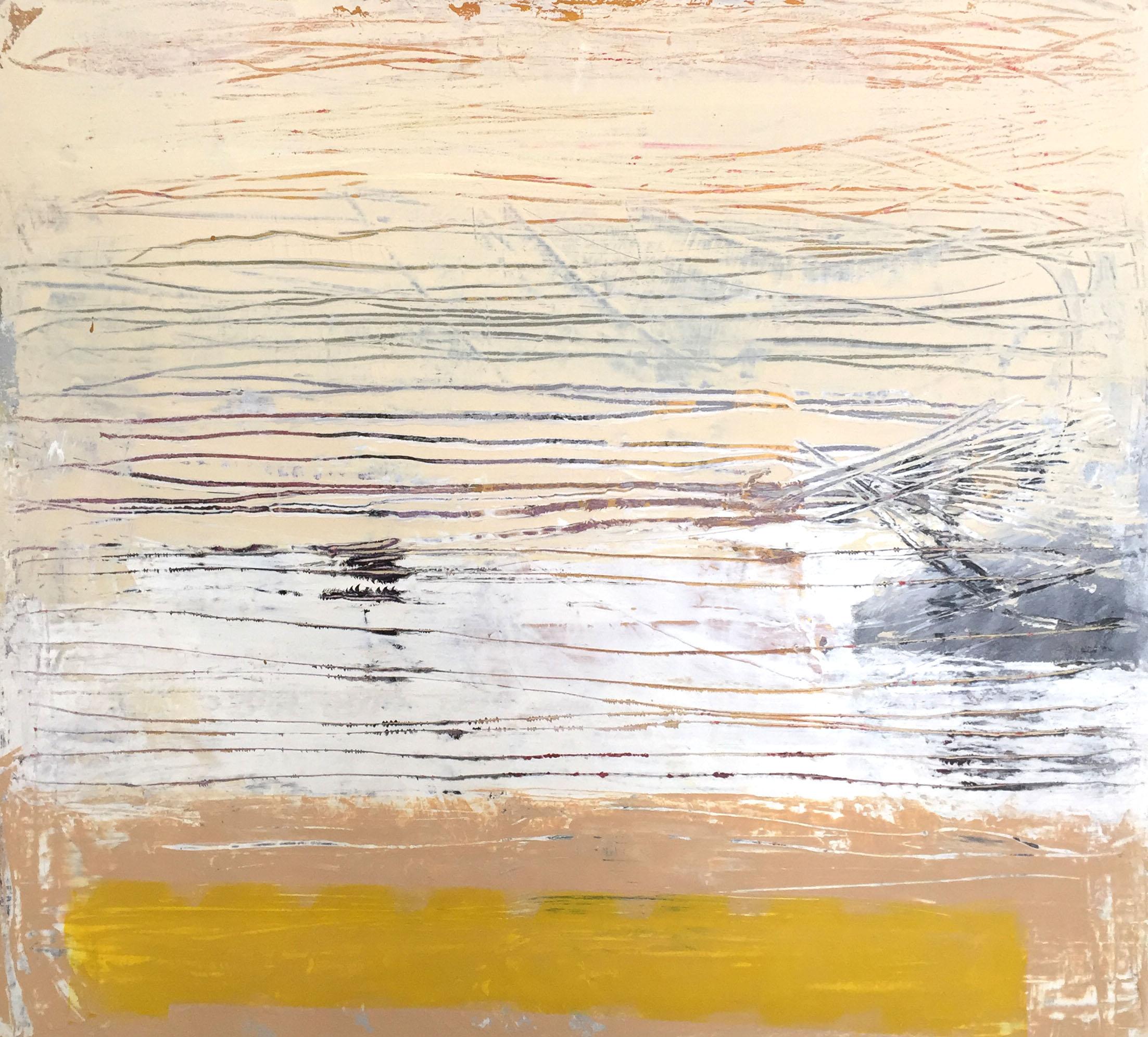 Ellen Hermanos Abstract Painting - On Edge 1, beige, white and yellow abstract painting on canvas