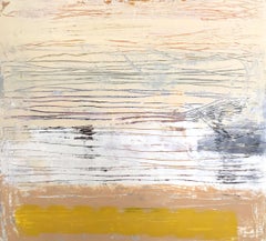 On Edge 1, beige, white and yellow abstract painting on canvas