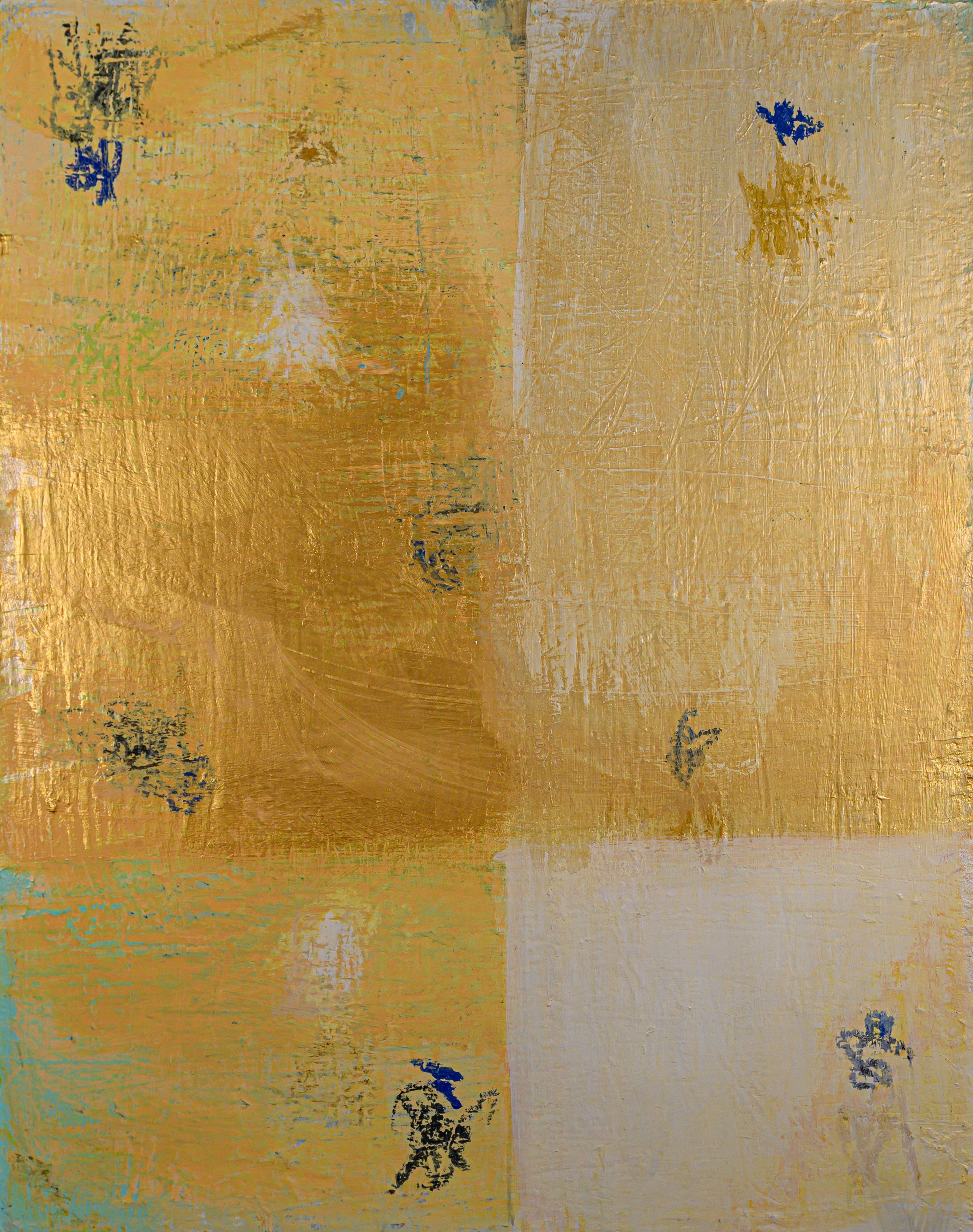 Senza titolo, astrazione gestuale, oro, blu, campo di colore