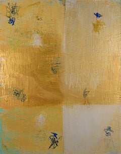 Senza titolo, astrazione gestuale, oro, blu, campo di colore