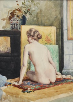 Modèle de femme nue devant une cheminée, 19e siècle Aquarelle sur papier, signée