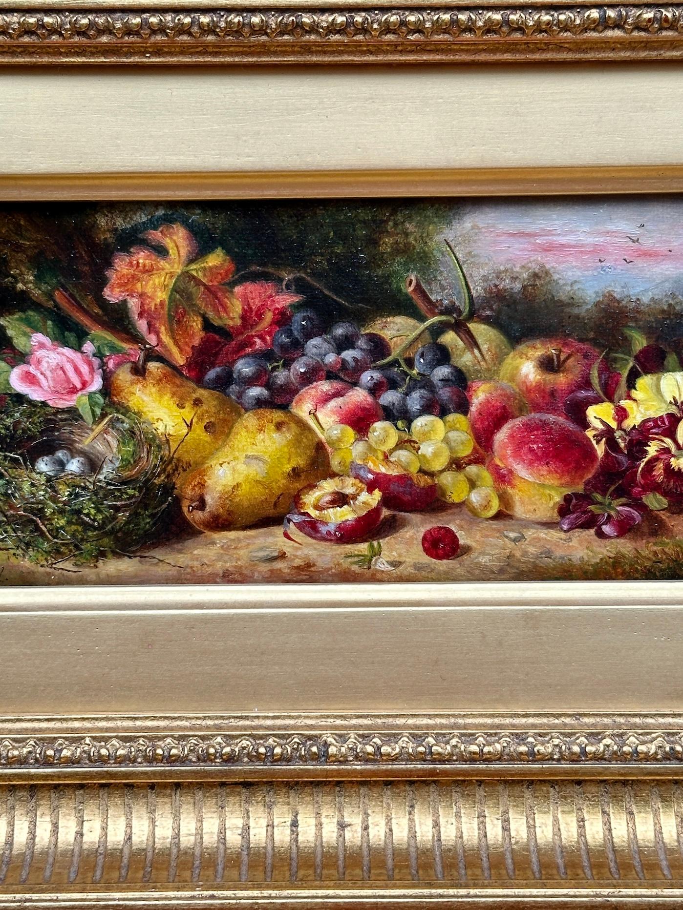 19th century English still life of fruit, apples, pears, birds nest, flowers - Painting by Ellen Ladell