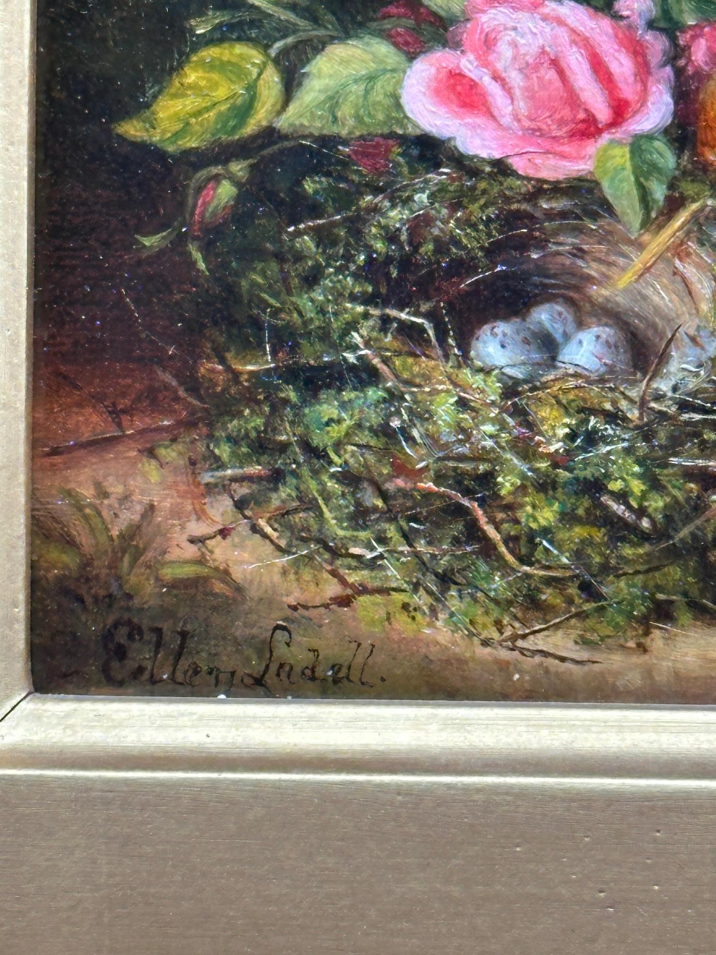 Englisches Stillleben aus dem 19. Jahrhundert mit Früchten, Äpfeln, Birnen, Birnenblüten, Vögeln und Blumen (Viktorianisch), Painting, von Ellen Ladell