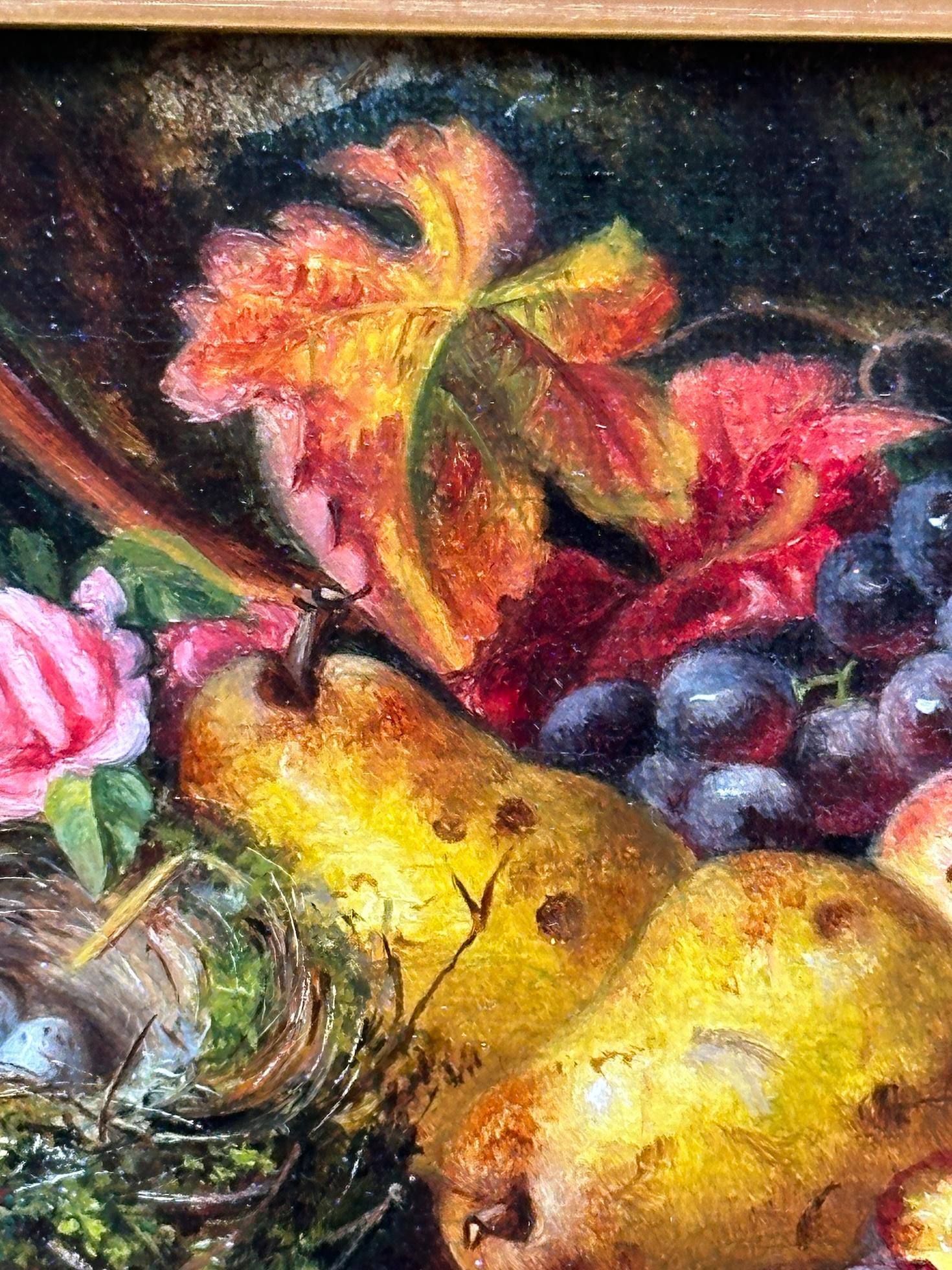 Englisches Stillleben aus dem 19. Jahrhundert mit Früchten, Äpfeln, Birnen, Birnenblüten, Vögeln und Blumen (Braun), Still-Life Painting, von Ellen Ladell