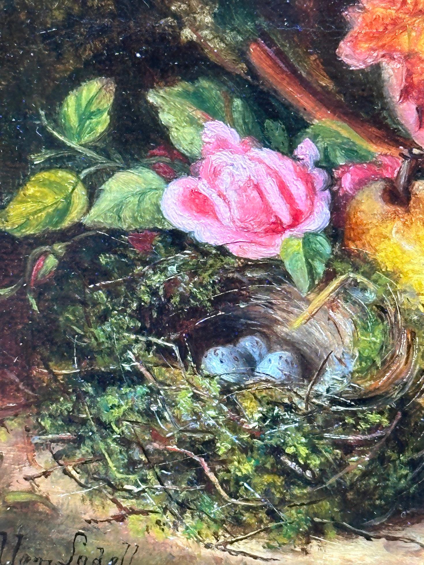 Englisches Stillleben aus dem 19. Jahrhundert mit Blumen, Früchten und Vogelnest auf einer moosbewachsenen Bank von Ellen Ladell

Der Kauf von Ellen Ladells englischem Stillleben aus dem 19. Jahrhundert mit Blumen, Früchten und einem Vogelnest auf