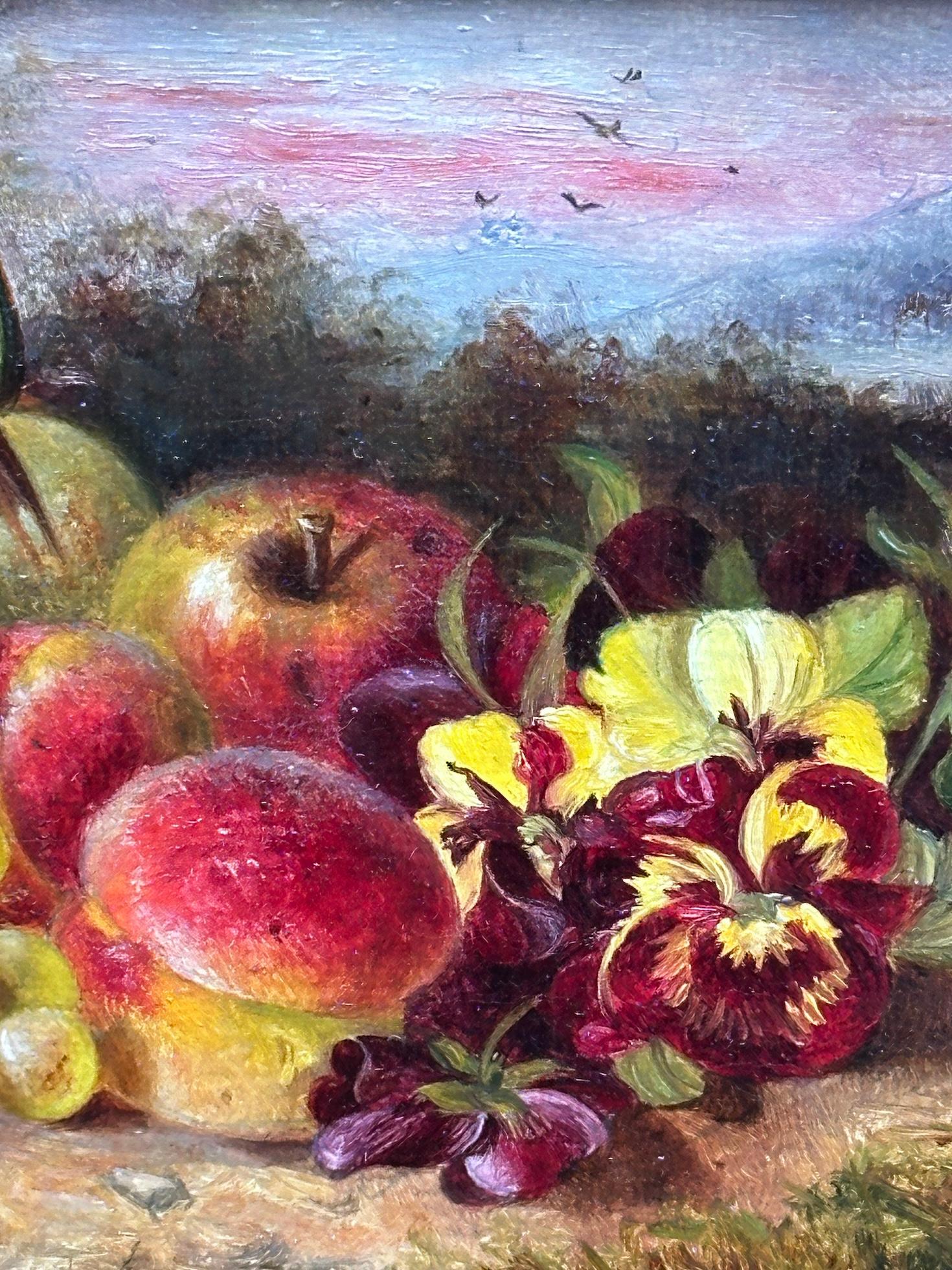 19th century English still life of fruit, apples, pears, birds nest, flowers For Sale 3