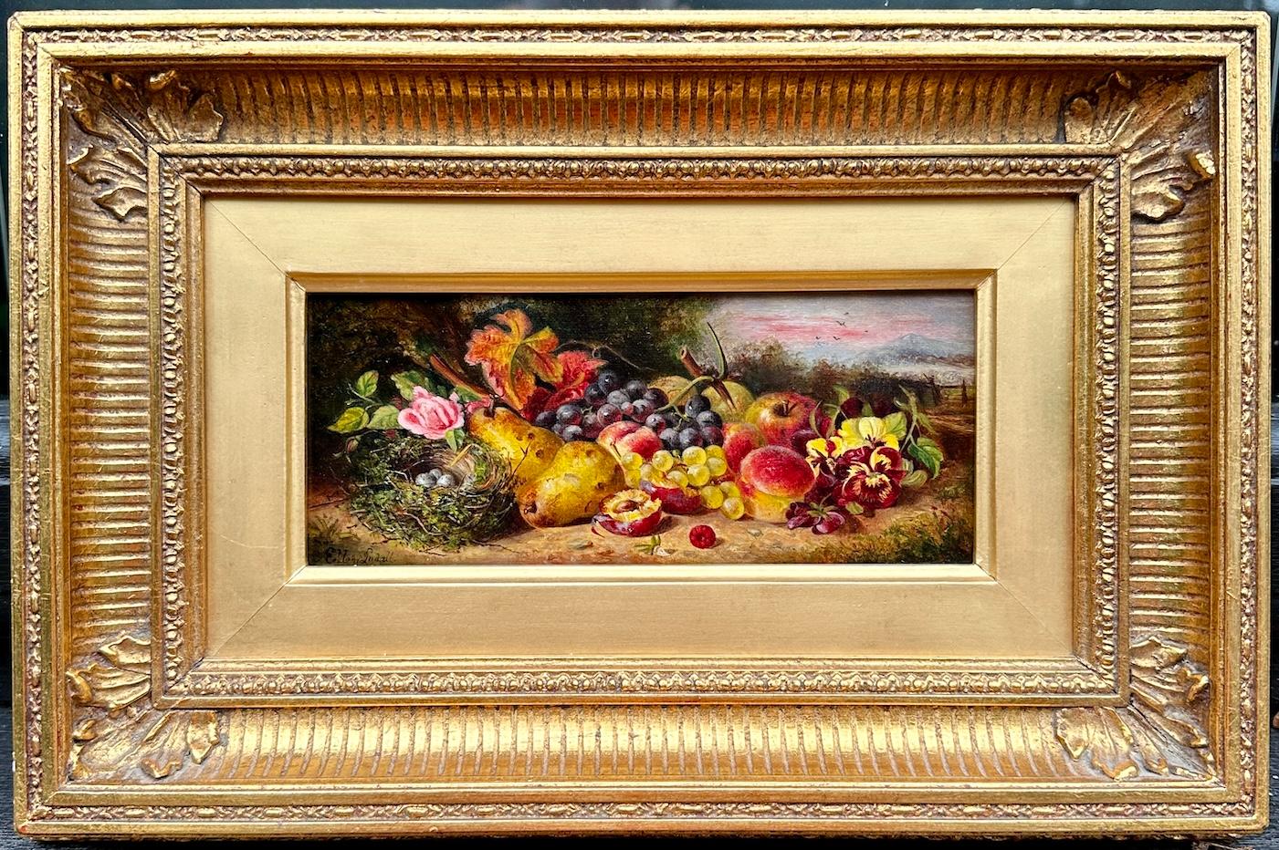 Ellen Ladell Still-Life Painting - 19th century English still life of fruit, apples, pears, birds nest, flowers