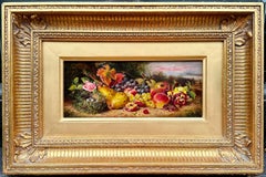 19th century English still life of fruit, apples, pears, birds nest, flowers