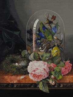 19th Century Still life oil painting of flowers & birds