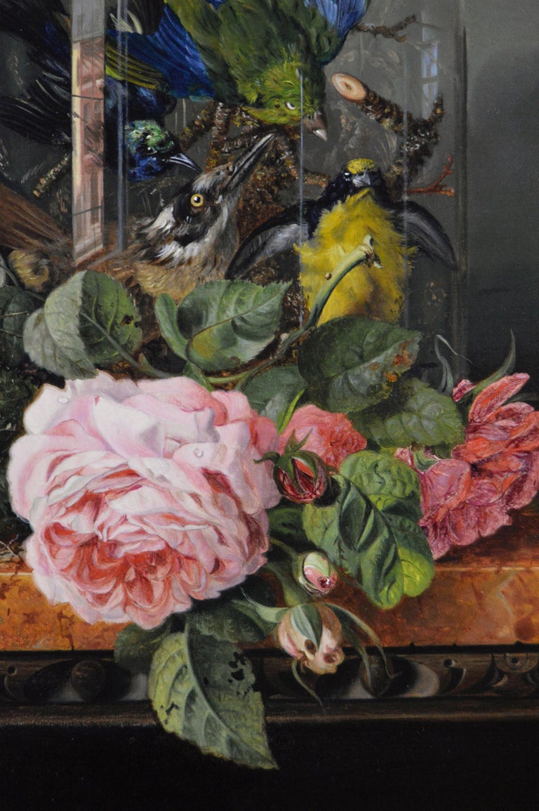 19th Century Still life oil painting of flowers & birds  - Brown Still-Life Painting by Ellen Ladell