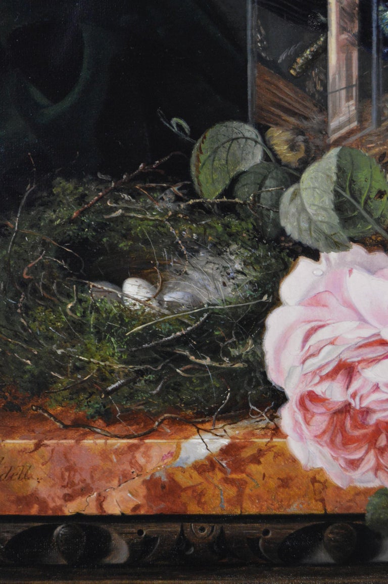 Ellen Ladell
British, (1853-1912)
Still Life of Flowers & Birds
Oil on canvas, signed
Image size: 17.5 inches x 13.5 inches 
Size including frame: 23.5 inches x 19.5 inches

Ellen Ladell was born Ellen Maria Levett in Ipswich in 1853 to George and
