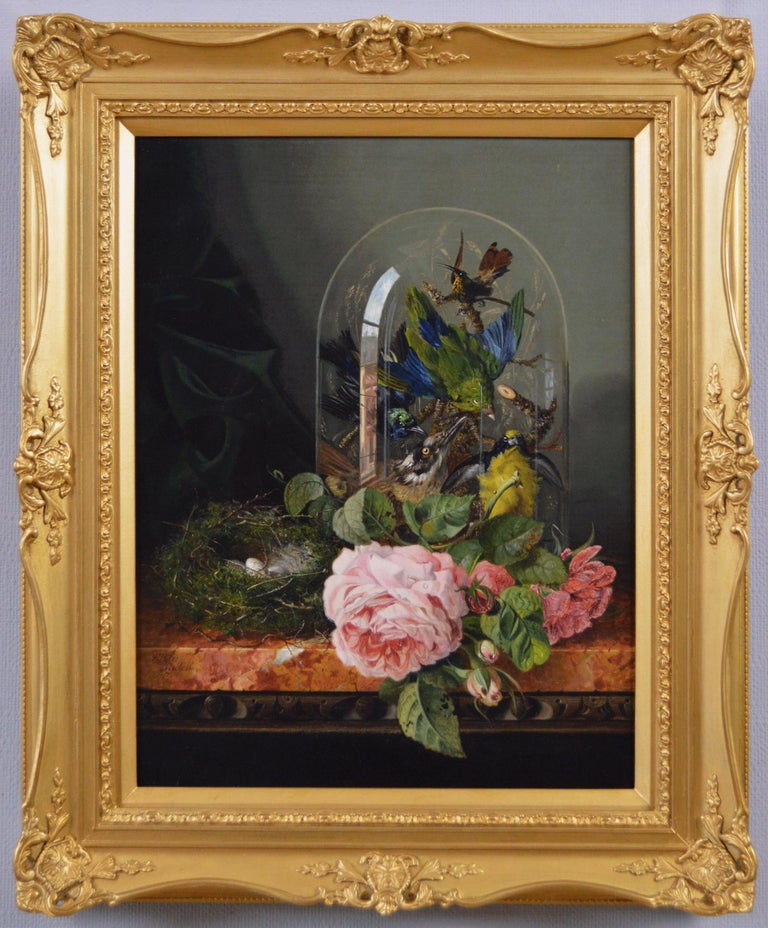 Ellen Ladell Still-Life Painting - 19th Century Still life oil painting of flowers & birds 