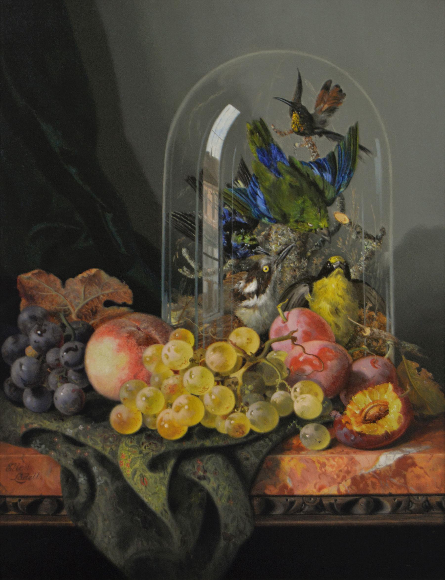 Nature morte à l'huile du 19e siècle représentant des fruits et des oiseaux - Painting de Ellen Ladell