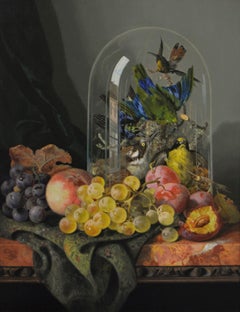 19th Century still life oil painting of fruit & birds