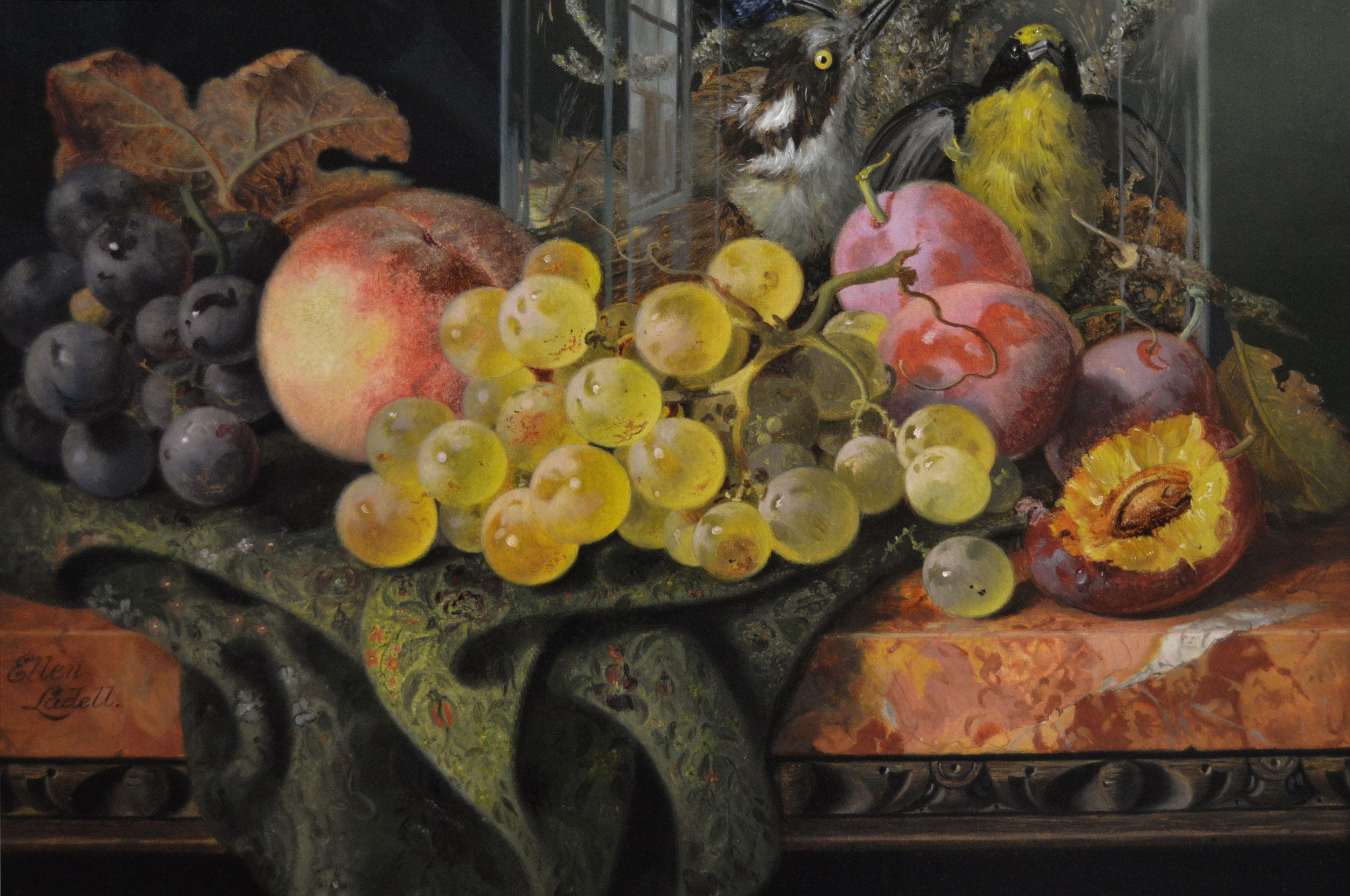 Nature morte à l'huile du 19e siècle représentant des fruits et des oiseaux - Marron Still-Life Painting par Ellen Ladell