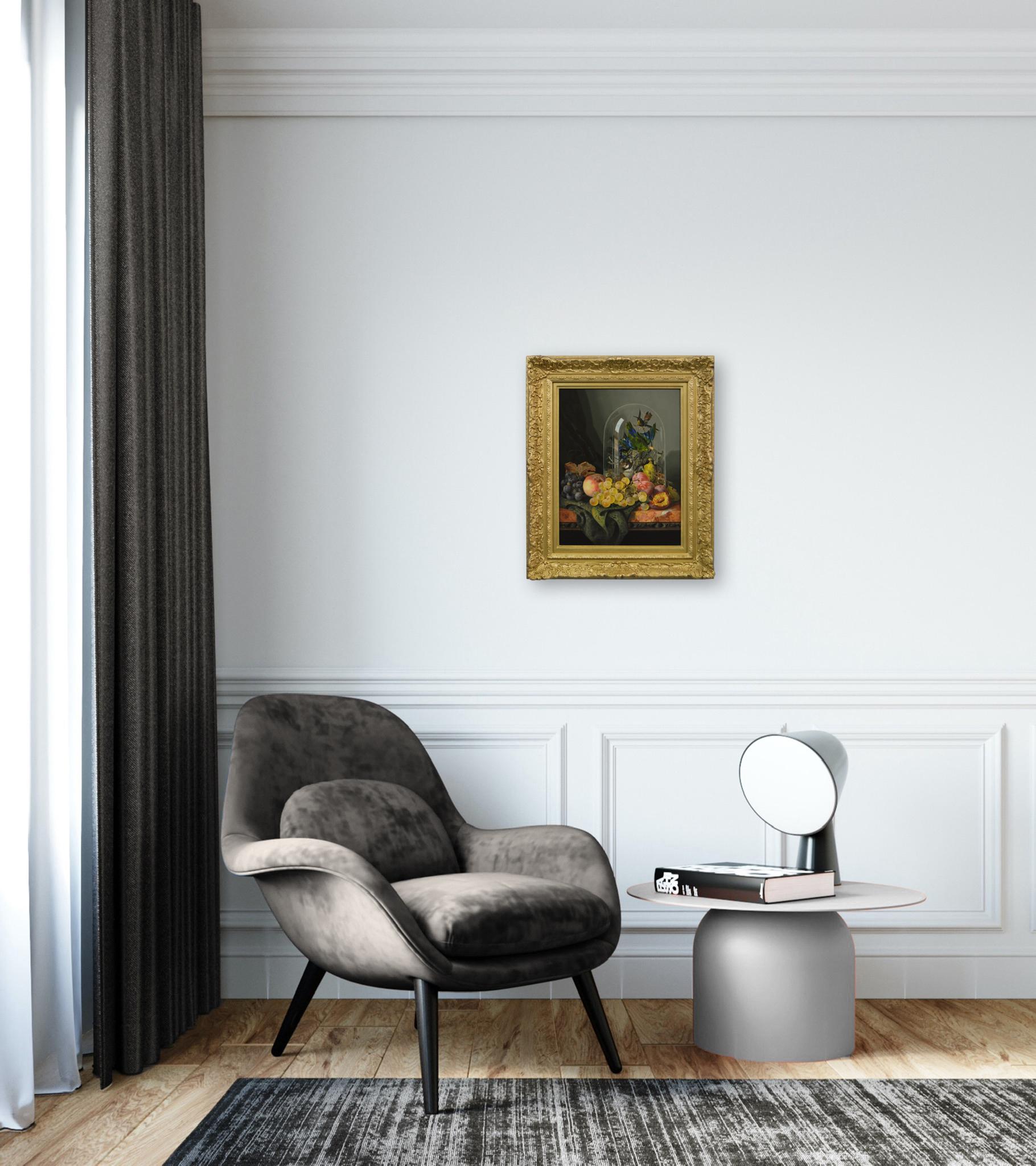 Nature morte à l'huile du 19e siècle représentant des fruits et des oiseaux en vente 1