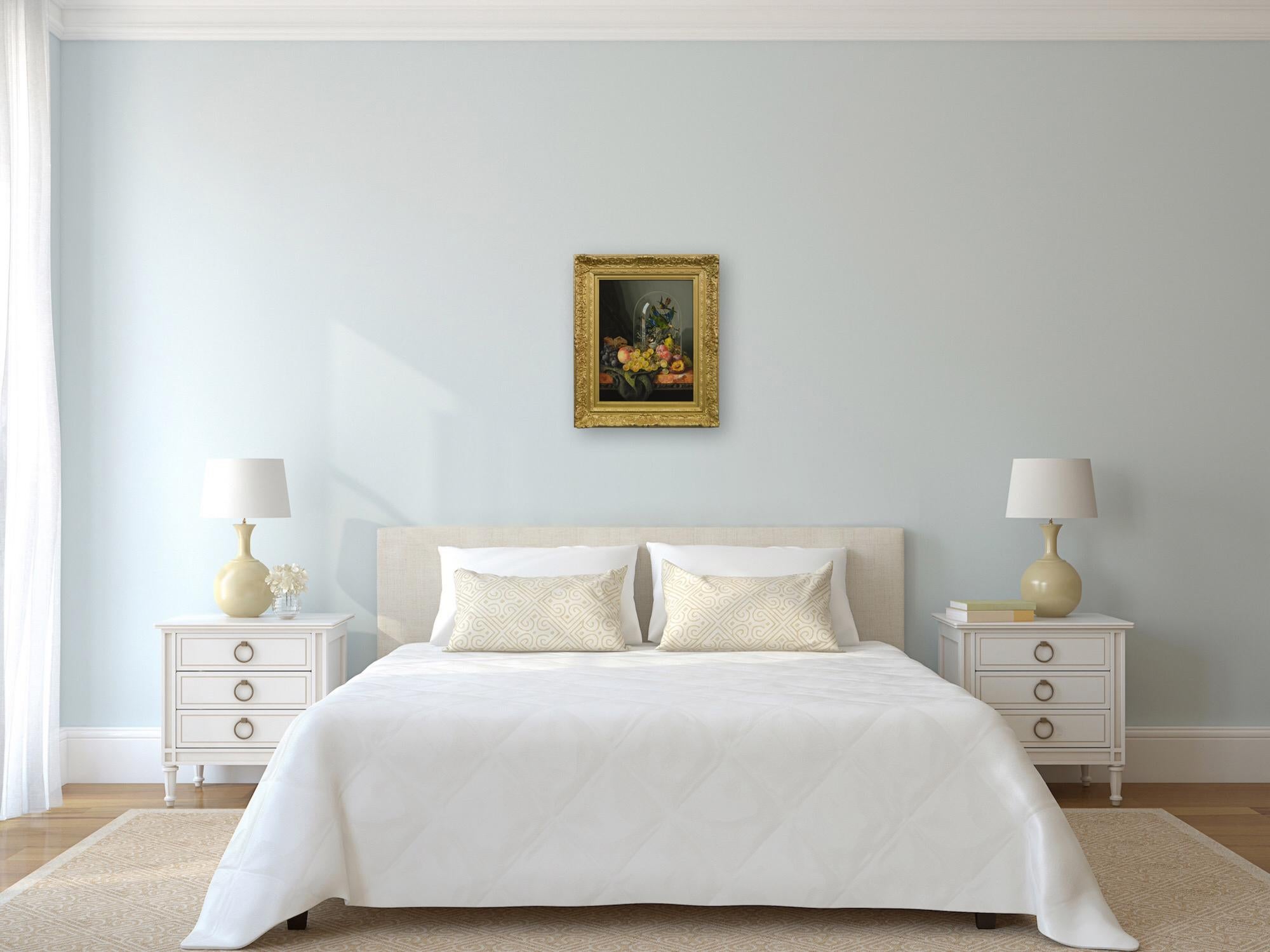 Nature morte à l'huile du 19e siècle représentant des fruits et des oiseaux en vente 3