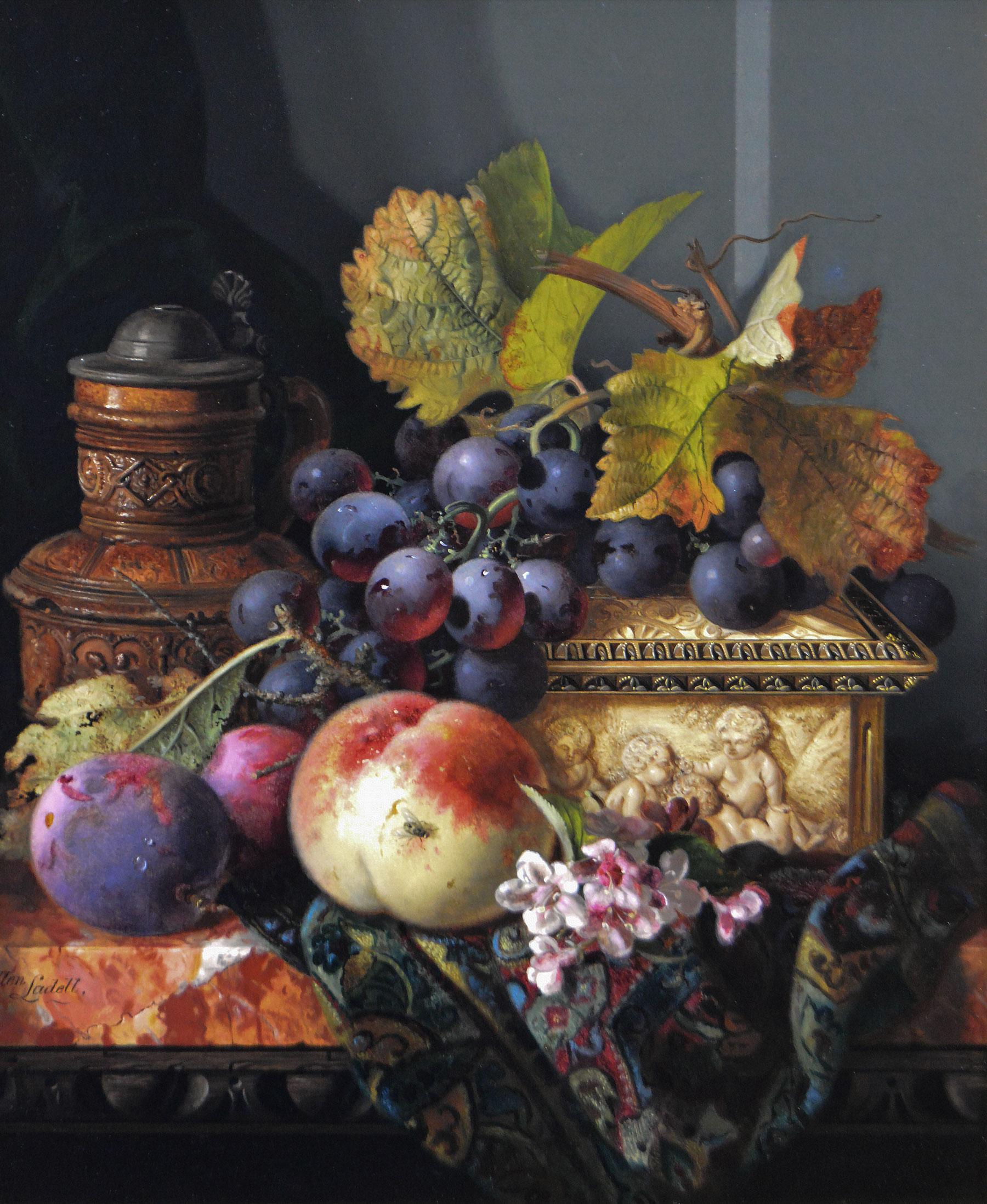 19th Century Still life oil painting of fruit with casket & ewer  - Painting by Ellen Ladell