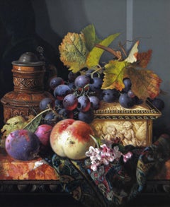 19th Century Still life oil painting of fruit with casket & ewer