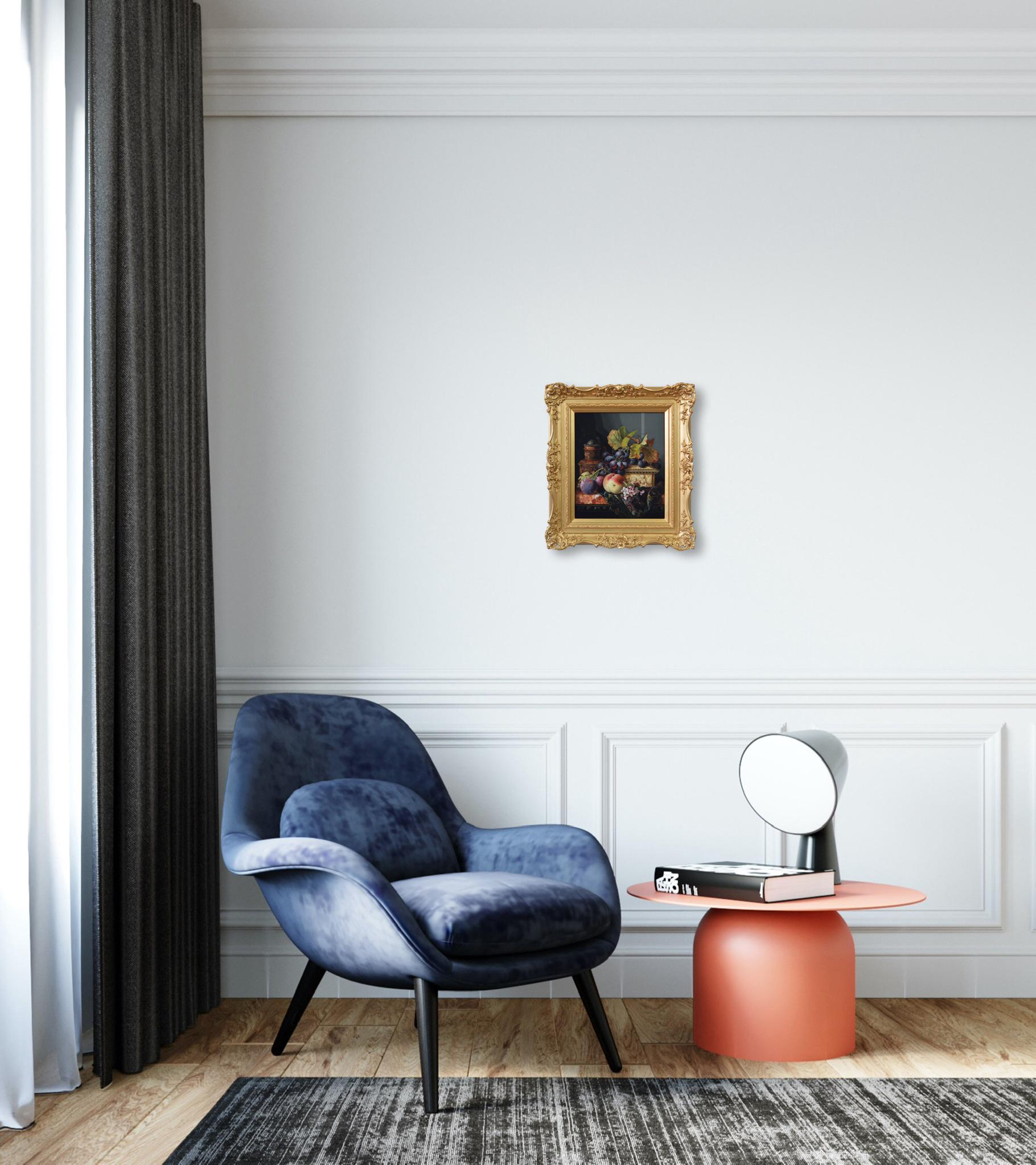 19e siècle Nature morte à l'huile représentant un fruit avec un coffret et une aiguière 4