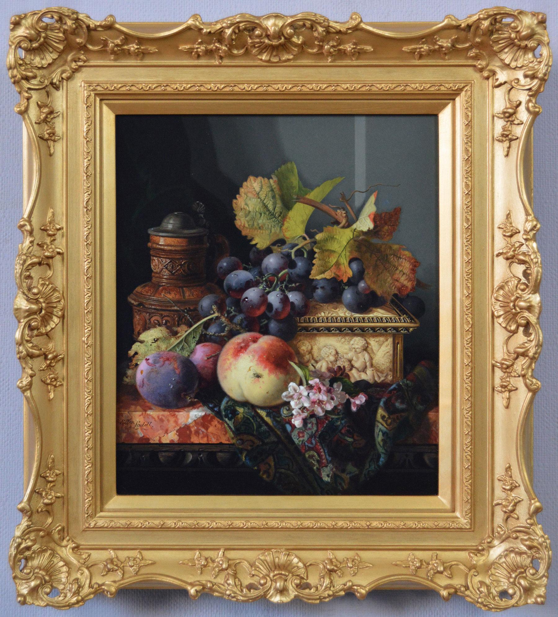 Ellen Ladell Still-Life Painting - 19th Century Still life oil painting of fruit with casket & ewer 
