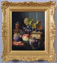 19th Century Still life oil painting of fruit with casket & ewer 