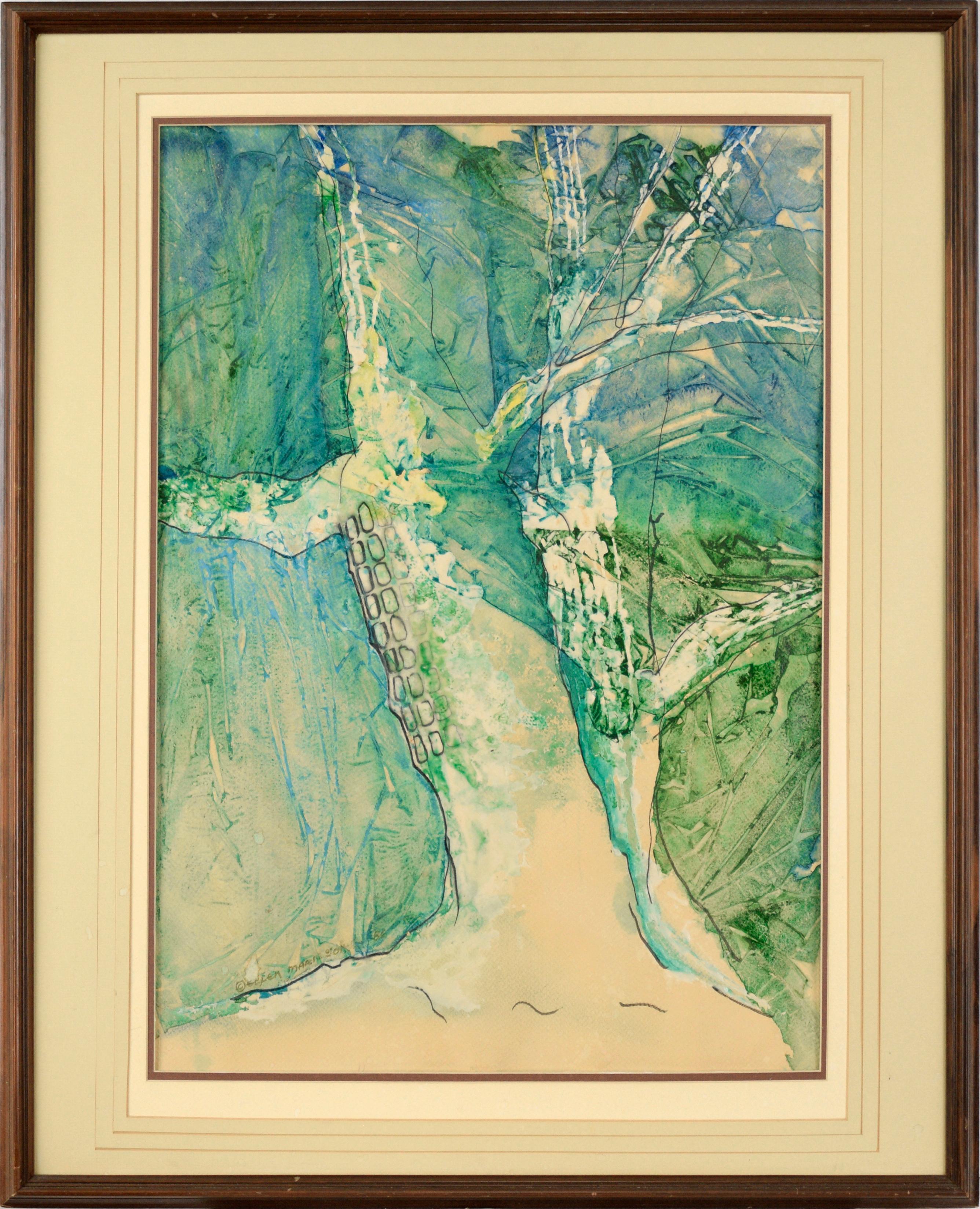 Landscape Painting Ellen Marie Jones - Composition expressionniste abstraite « Sycamores » en acrylique sur papier