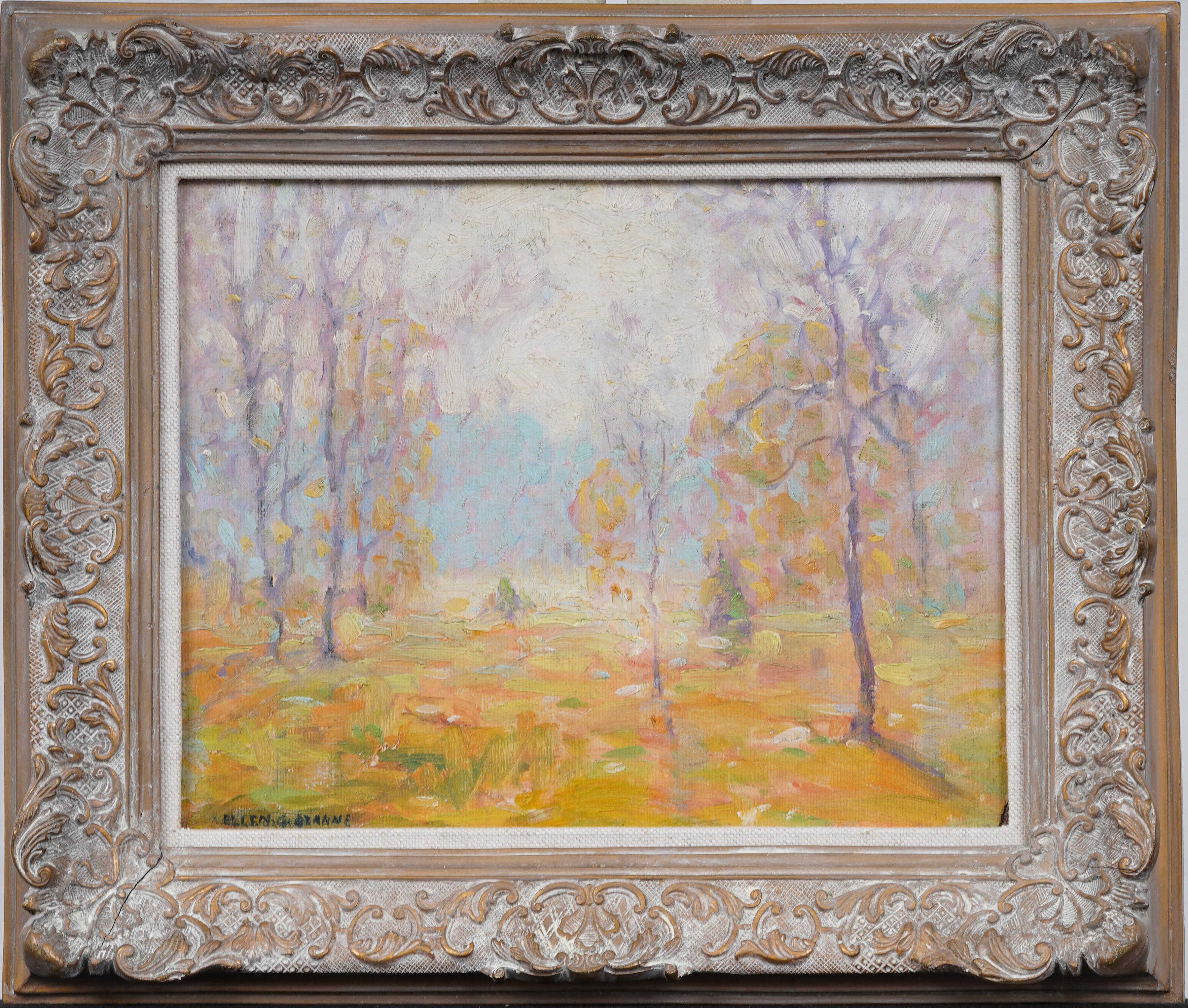 Antique American Impressionist Framed Fall Landscape Early 1900s Oil Painting - Brown Landscape Painting by ellen ozanne