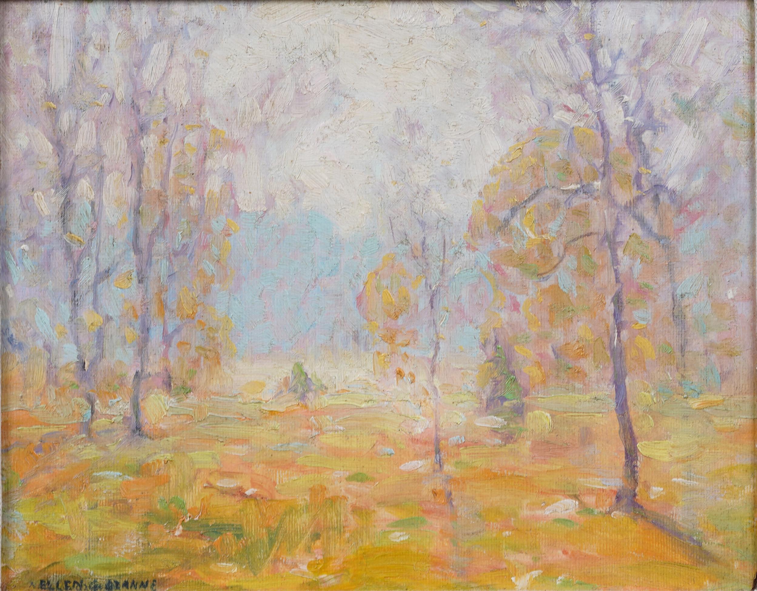 Impressive early American modernist abstract oil painting.  Framed.  Oil on canvas.  Signed.  Image size, 8.5H by 10.5L.