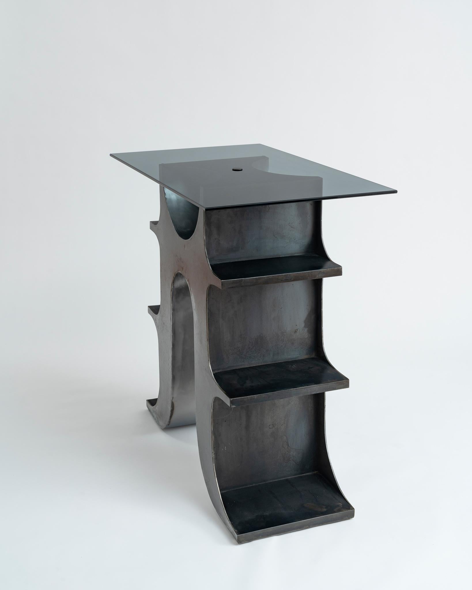 Cast Sculptural Blackened Steel and Tinted Glass Top Console Table or Standing Desk For Sale