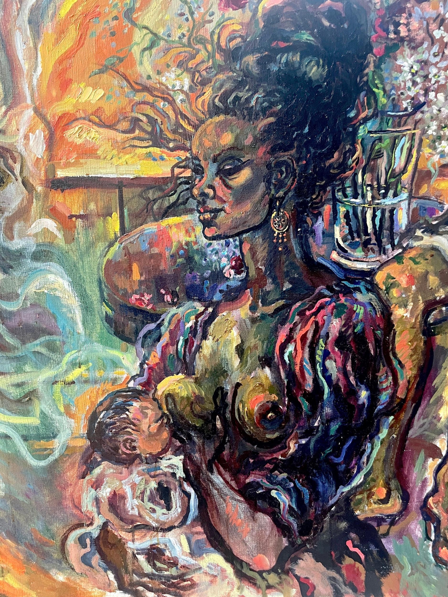 Tre sorelle: grande dipinto figurato espressionista astratto e allattamento al seno - Painting Espressionismo astratto di Ellen Powell Tiberino
