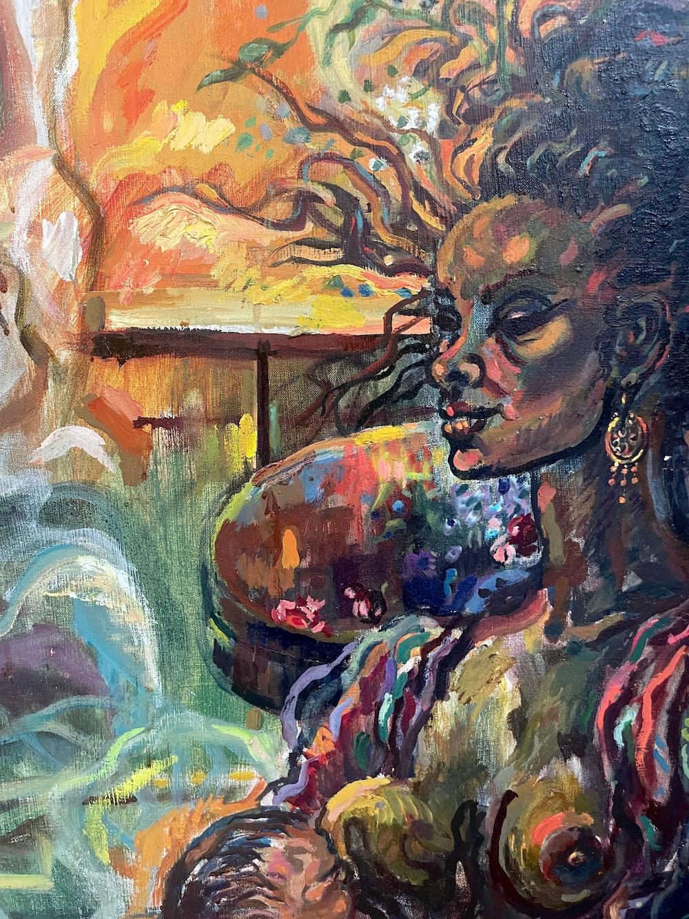 Tre sorelle: grande dipinto figurato espressionista astratto e allattamento al seno - Abstract Painting Grigio di Ellen Powell Tiberino