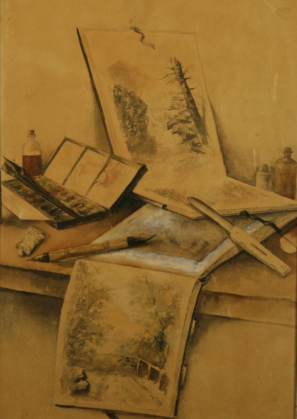 Antikes Gouache-Gemälde, Künstler-Studio-Interieurgemälde 1870 – Painting von Ellen Richardson