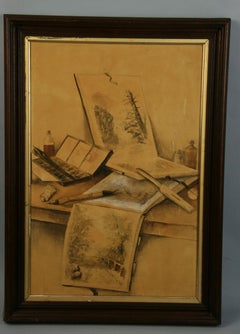 Antique Gouache Painting Artist Studio Interior Painting 1870