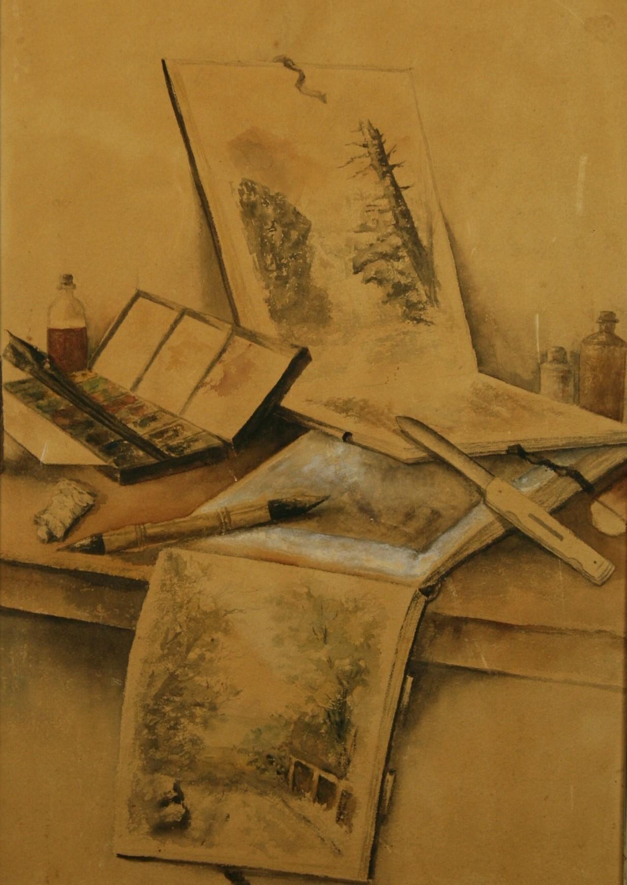 Antique Gouache Painting Artist Studio Interior Painting 1870