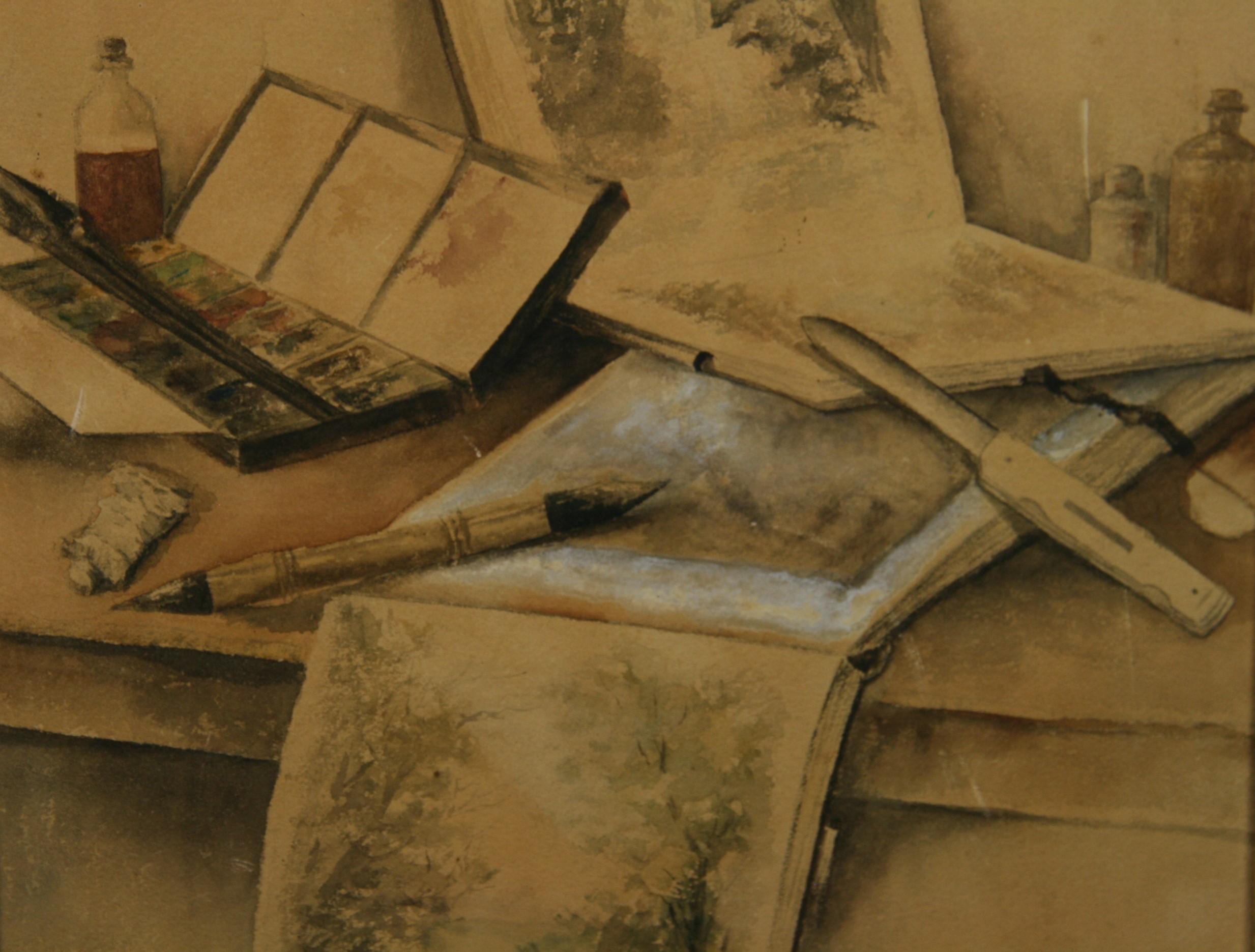 3929 Peinture ancienne d'intérieur d'un atelier d'artiste sur carton d'artiste
Fixé à  un cadre en noyer d'époque taille de l'image 19.5x13.5