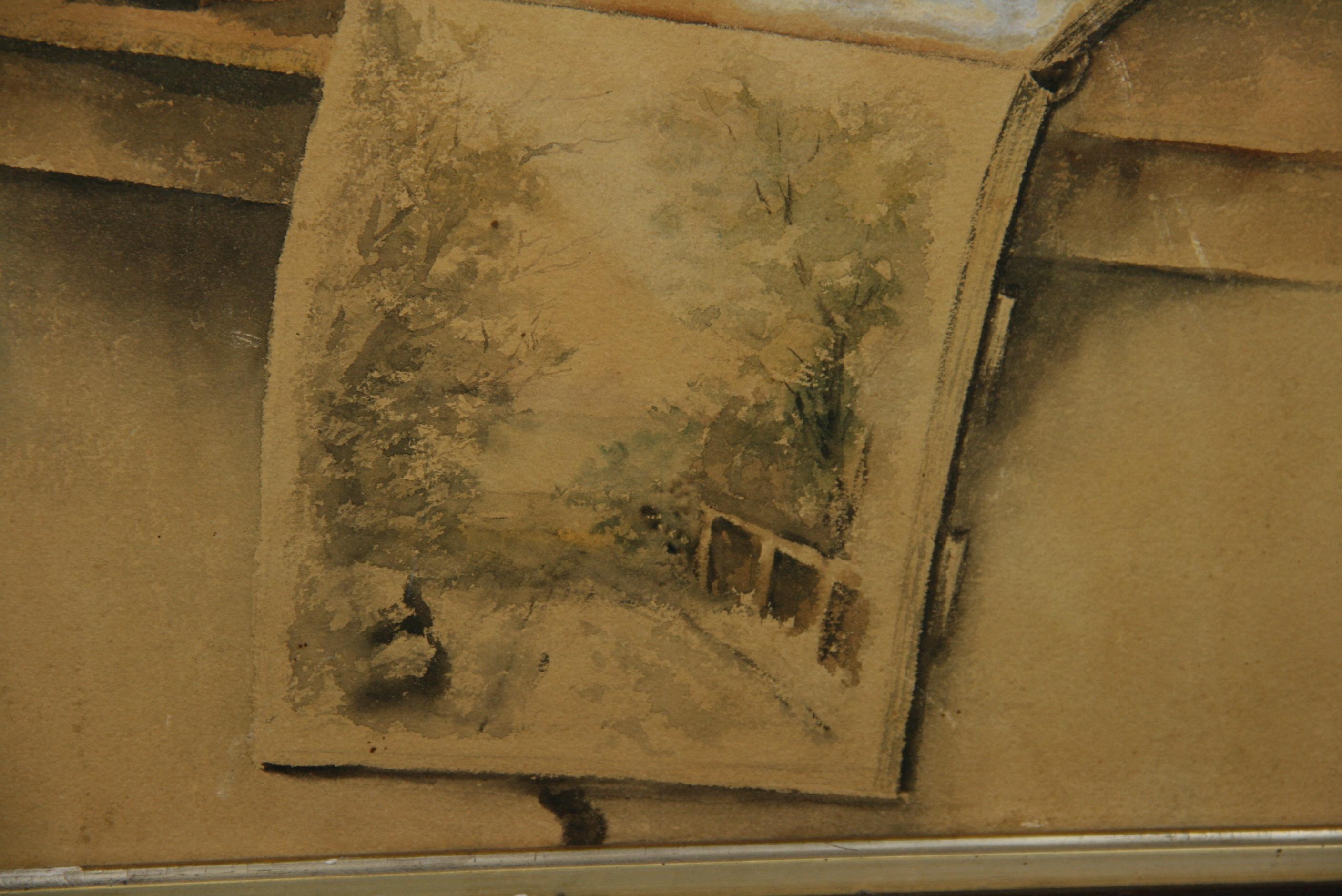 Ancienne peinture à la gouache peinture d'intérieur de studio d'artiste 1870 en vente 2