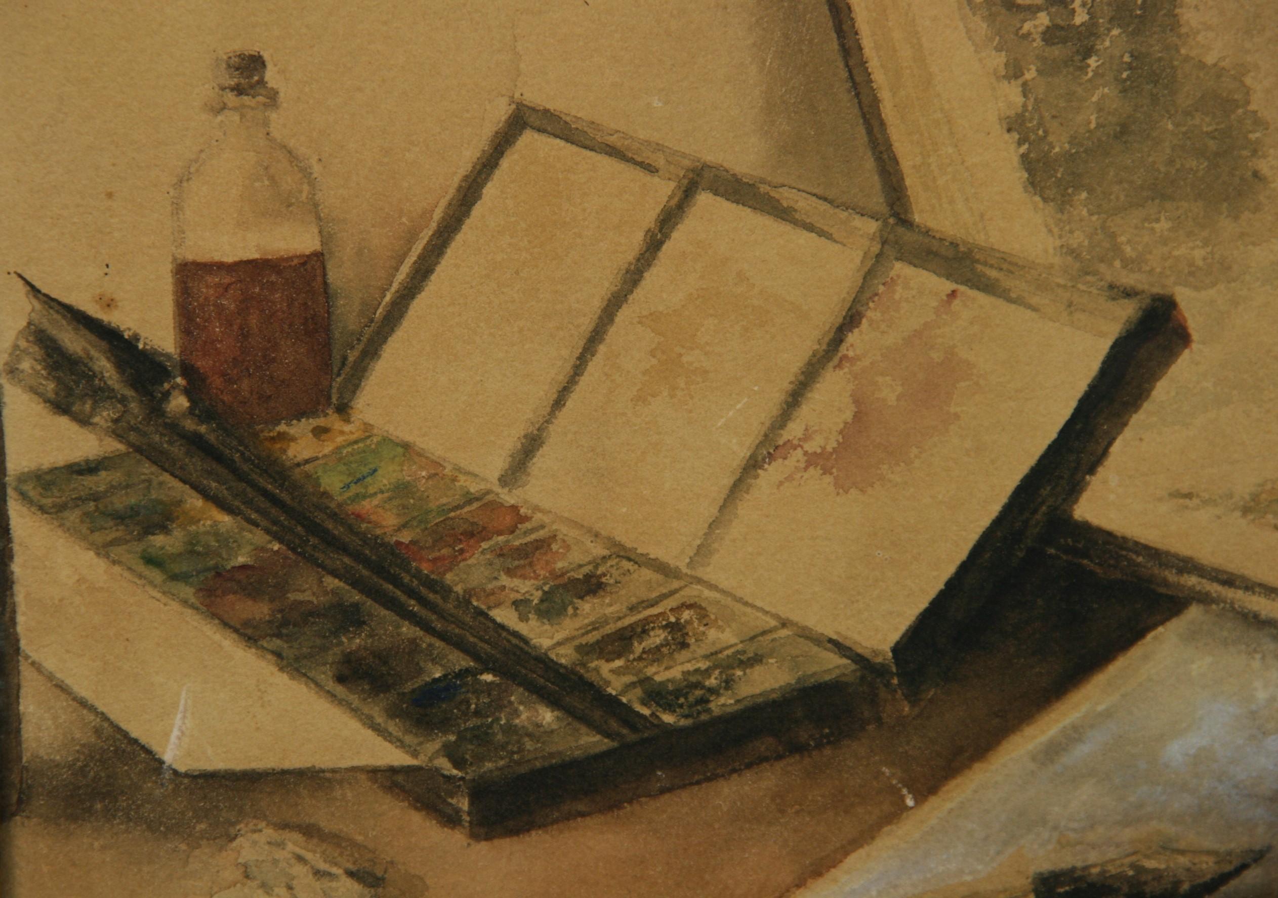 Ancienne peinture à la gouache peinture d'intérieur de studio d'artiste 1870 en vente 3