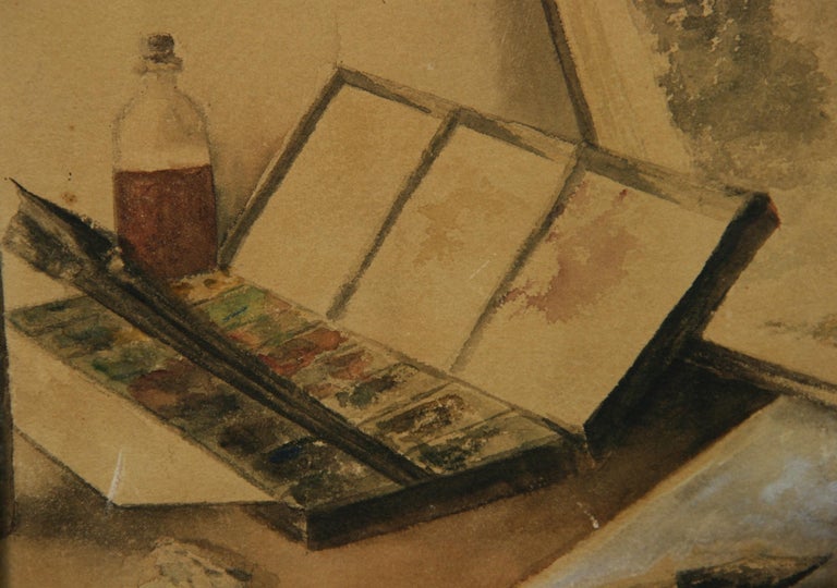 Antique Gouache Painting Artist Studio Interior Painting 1870 For Sale 5