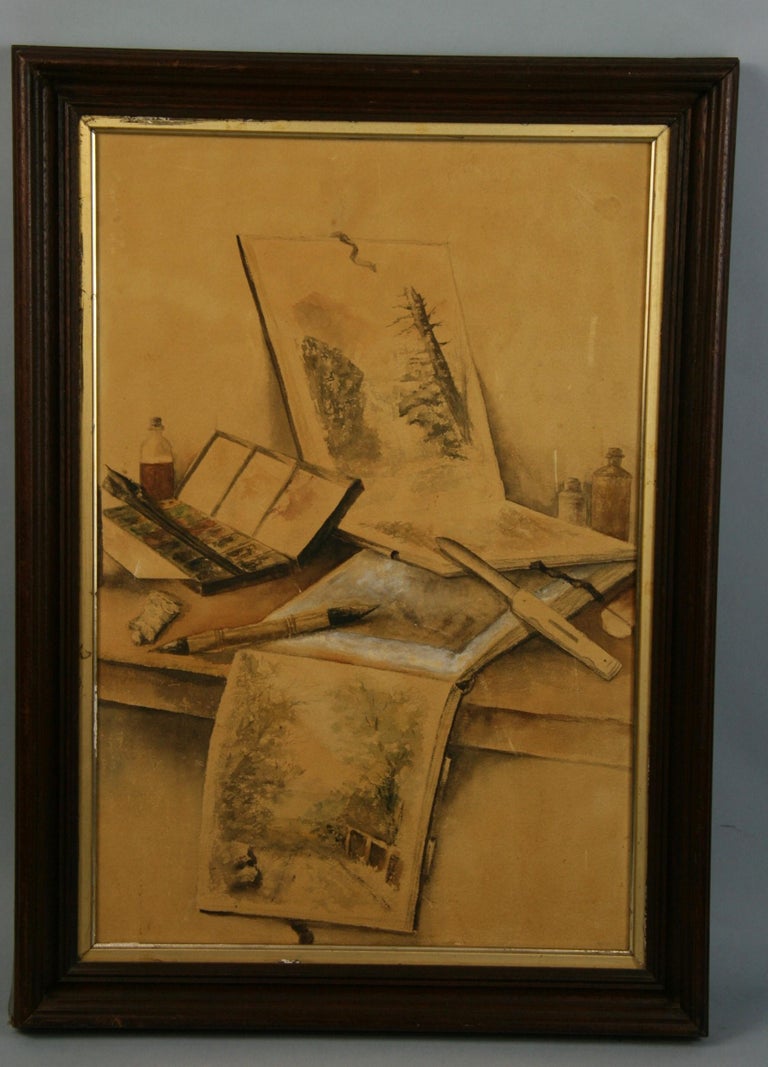 3929 Antique interior painting of an artist studio works on artist board
Set in  a period walnut frame image size 19.5x13.5"