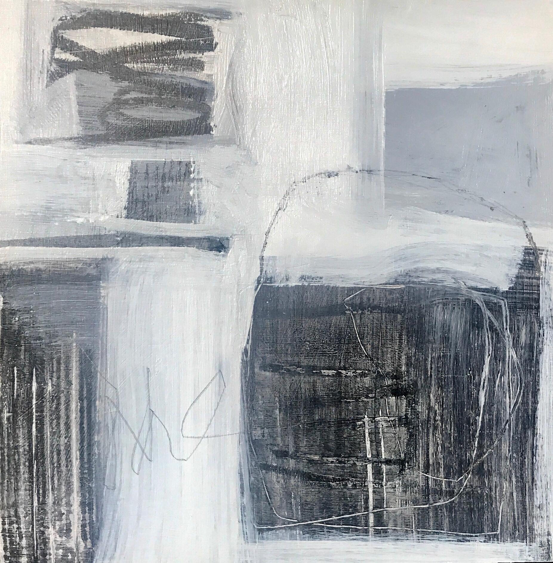 Ellen Rolli Abstract Painting - Black and White II, Petite Square Abstract on Paper Painting